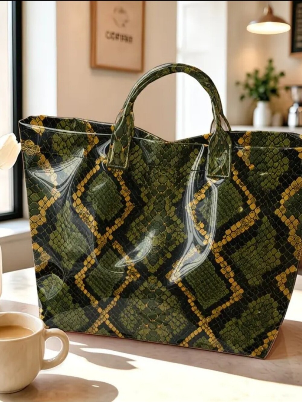 Women Green Olive Daily Commute Snake Skin Tote PVC - Picture 8 of 8